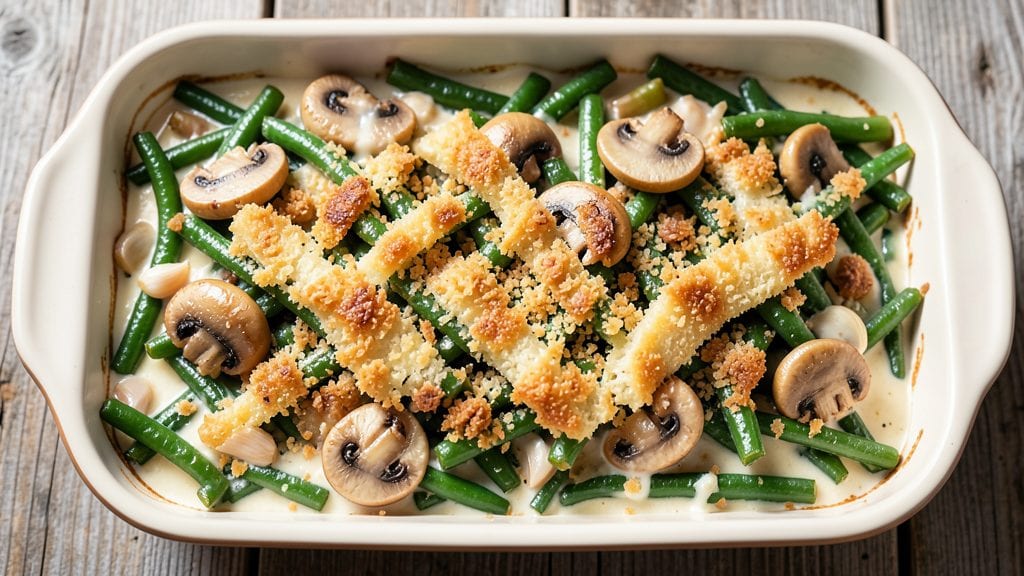 Green Bean Casserole Recipe No Canned Soup: Crispy French Fried Onions Over Creamy Mushroom Sauce