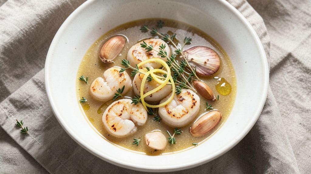 Scallops Soup Recipe: Lightly Poached Scallops in Citrusy Thyme Broth
